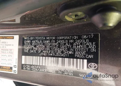 2018 Toyota Camry L/Le/Xle/Se/Xse from USA, damaged, VIN JTNB11HK9J3034211